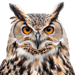 Majestic Owl with Striking Eyes Against a White Background