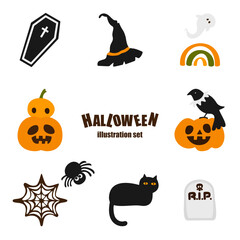 A collection of adorable Halloween-themed illustrations featuring ghosts, pumpkins, black cats, and spooky icons, all set against fun orange and purple backgrounds, perfect for kids' party designs.