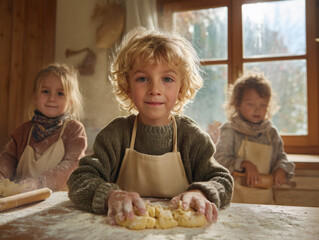 Children baking dough in cozy kitchen with natural light, enjoying creative and warm activity together happily