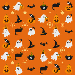 A collection of adorable seamless Halloween patterns featuring ghosts, pumpkins, bats, graves, and spooky icons in shades of orange, brown, and yellow. Simple and perfect for seasonal designs.