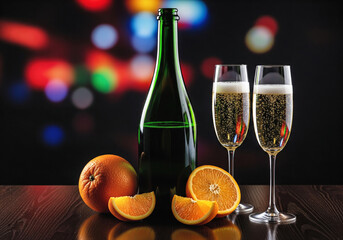 A green bottle of sparkling wine and two glasses of champagne with a sliced orange. AI-Generation