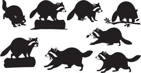 Collection of black raccoon silhouettes in various poses on a white background raccoons animal