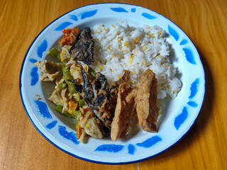 A portion of typical Indonesian mixed rice served on a classic blue and white patterned enamel plate, consisting of corn rice, a piece of dried fish, fried tempeh, stir-fry and chili sauce. Delicious 