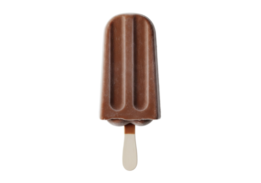 Close-up, medium angle shot of a classic dark brown fudge pop with frosty texture on a light wooden stick, isolated in a minimalist studio with soft lighting, refreshing dessert concept