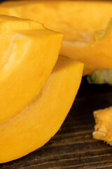pumpkin with sweet flesh and white seeds, the fruit of a large pumpkin for baking, close up
