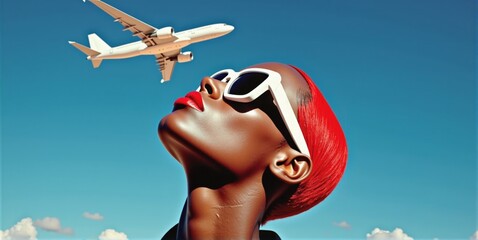 A stylish woman with bold sunglasses gazes up as a jet flies overhead