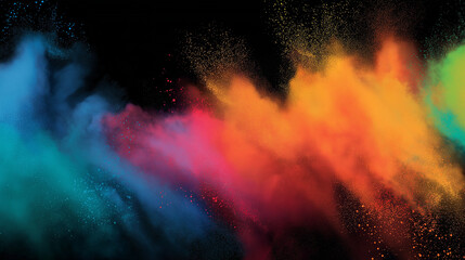 Vibrant clouds of colored powder erupt against a dark background, creating an intense, dramatic abstract scene. Ideal for energetic campaigns, art, or celebration concepts with vivid impact.