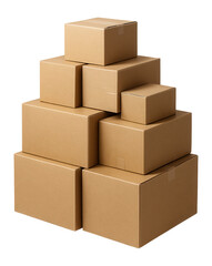 Obraz premium A stack of seven brown cardboard boxes arranged in a pyramid shape, suitable for packaging and shipping purposes, on transparent background.