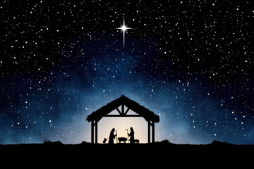 Nativity scene silhouette under bright starry night sky with glowing star above stable creating peaceful atmosphere