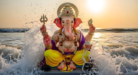 Ganesha statue in the ocean with waves crashing and a bright sunset in the background at the beach