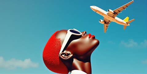 A stylish woman with bold sunglasses gazes up as a jet flies overhead