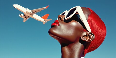 A stylish woman with bold sunglasses gazes up as a jet flies overhead