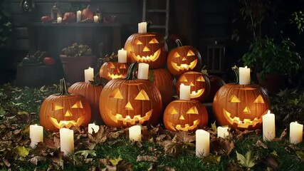 Jack-o'-Lantern Halloween: A festive assembly of carved pumpkins illuminated by flickering candles, evoking a sense of warmth and eerie anticipation in a spooky fall setting.