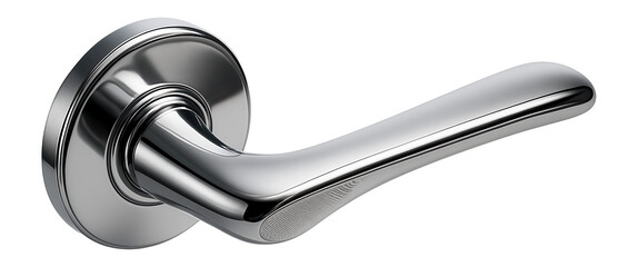 Sleek metallic door handle with smooth curves and a polished finish on transparent background.