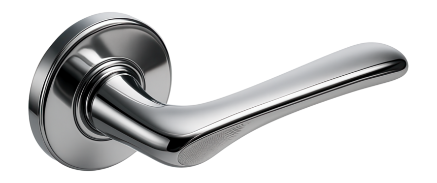 Sleek metallic door handle with smooth curves and a polished finish on transparent background.