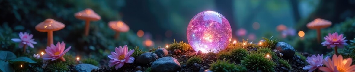 A mystical, glowing orb rests on a bed of shimmering, iridescent crystals, surrounded by enchanted flowers and glowing mushrooms, a perfect fantasy gift , shimmer, treasure, shine