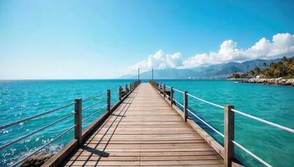 Fototapeta premium A picturesque pier extends over calm ocean waters, offering stunning panoramic views of the coastline and distant horizon Perfect for travel, vacation, and coastal scenery imagery , view, serenity