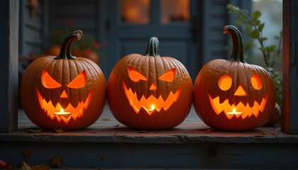 Obraz premium Three carved Halloween pumpkins glowing on porch at night 