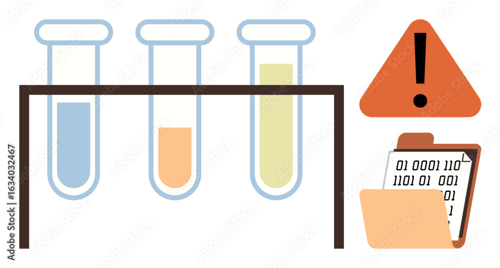 Poster three test tubes on a holder with chemicals, orange warning symbol, and a folder with binary data. i
