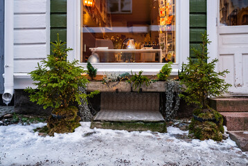 Cozy Christmas window display with small decorated trees and festive lights outside shop