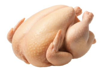 Whole uncooked plucked chicken with visible skin texture on transparent background.