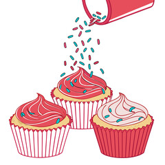 Cupcakes with Pink Frosting and Sprinkles – Cute Bakery Dessert Vector Illustration