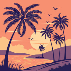 Vintage Tropical Sunset Landscape – Palm Tree Beach Vector Illustration