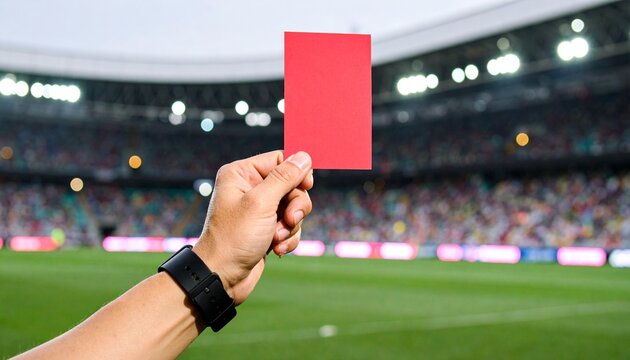 Referee showing red card during soccer match at stadium, player expulsion decision