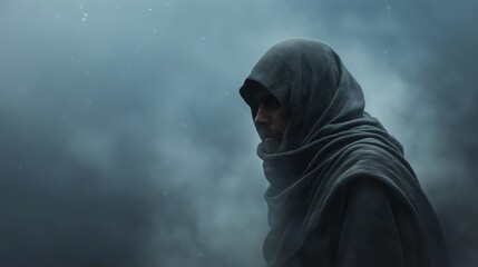 Mysterious hooded man in foggy atmosphere
