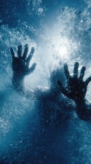 Dramatic underwater view of drowning person reaching for surface
