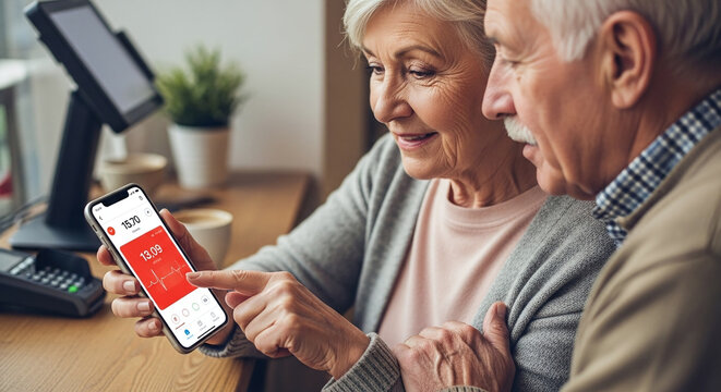 Elderly couple looking at health data on a smartphone screen together in a cafe setting indoors - Powered by Adobe