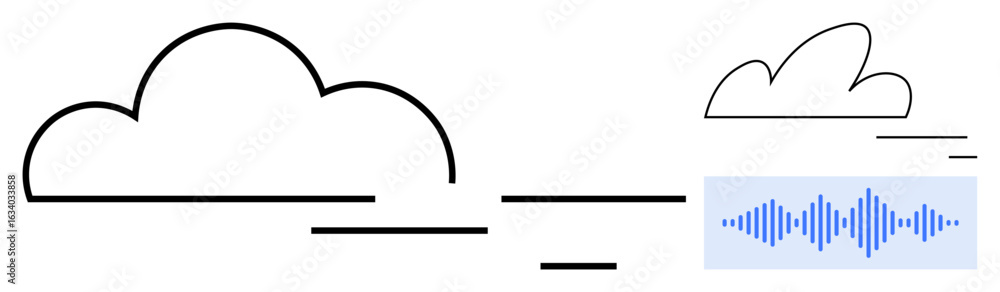 Poster outline clouds paired with horizontal lines and an audio waveform. ideal for technology, data storag
