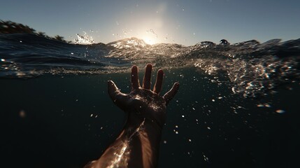 Desperate hand reaching out of water toward sunlight in dramatic ocean scene
