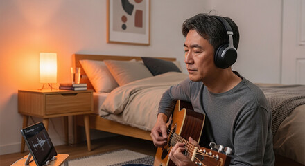 A man playing acoustic guitar with headphones on in a bedroom with a tablet recording audio