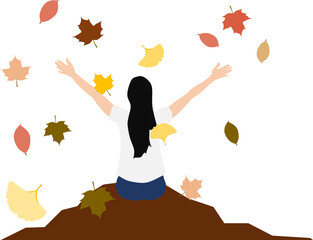 紅葉狩りをする女性のイラスト