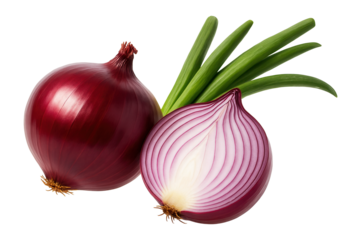 Fresh whole red onion with green stems and a sliced cross-section displaying vibrant rings on transparent background.