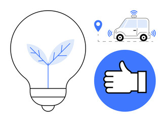 Light bulb with leaf representing sustainability, self-driving car with location signal for innovation, and a thumbs-up sign for approval. Ideal for technology, ecology, automation, innovation