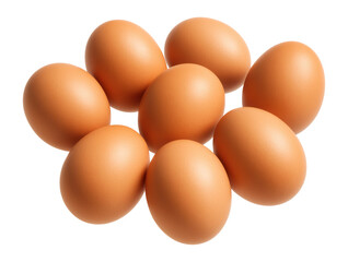 A group of eight brown eggs arranged closely together on transparent background.