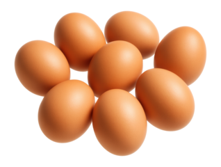 A group of eight brown eggs arranged closely together on transparent background.