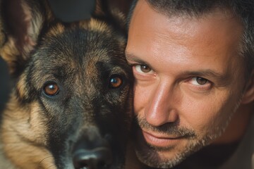 Man and German Shepherd Dog Close Up Portrait