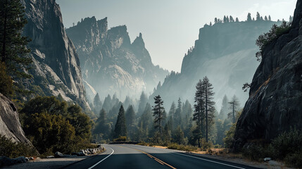 Road through a valley, surrounded by dramatic cliffs and forest