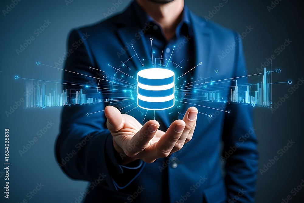 Poster businessman holding a glowing neon database icon with futuristic data streams and digital informatio