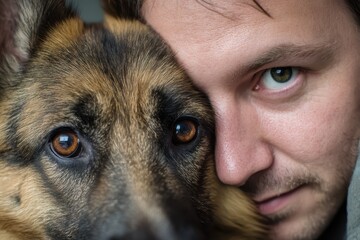 Man and German Shepherd Dog Close Up Portrait