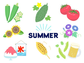 夏　イラスト　セット　花と野菜と食べ物　ベクター