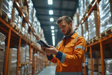 Warehouse supervisor checking inventory digitally

