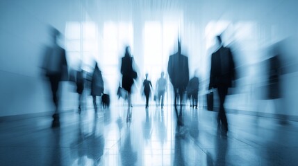 Blurred figures of people walking down a hallway, suggesting movement