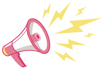 Vector art of pink megaphone with yellow lightning bolts isolated on white background
