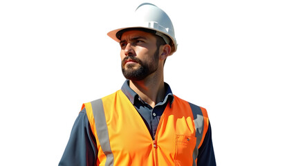 portrait of a construction worker in transparent white png background