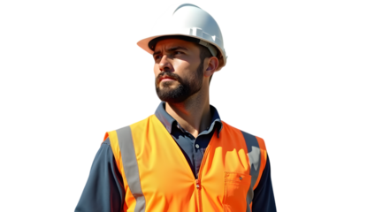 portrait of a construction worker in transparent white png background
