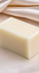 Creamy, rectangular bar of soap on a soft blush backdrop